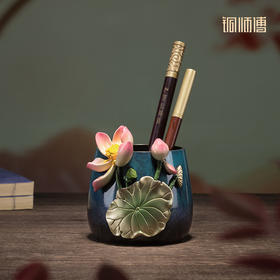 铜师傅《荷花笔筒》客厅书房铜摆件 家居装饰工艺品 老师礼物