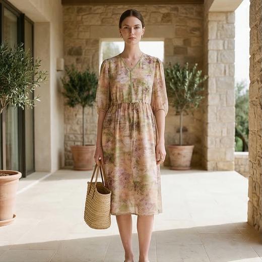 PALUOPO/PL桑蚕丝V领高级感印花优雅减龄真丝连衣裙ES250981Z 商品图1