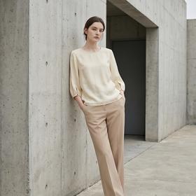 PALUOPO/PL23姆米暗纹提花桑蚕丝圆领国风宽松显瘦七分袖T恤ES250700Z