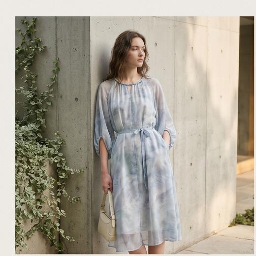 PALUOPO/PL圆领渐变晕染收腰显瘦气质桑蚕丝连衣裙ES251017Z 商品图1