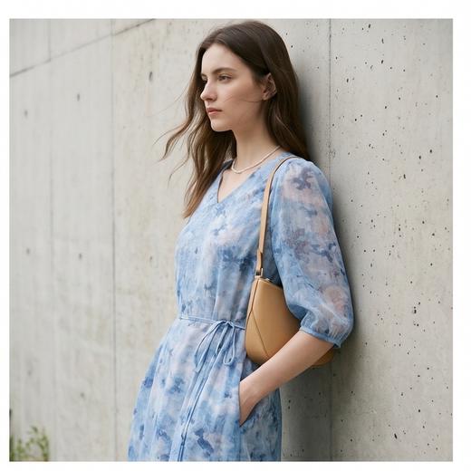 PALUOPO/PL桑蚕丝V领减龄印花优雅气质时尚真丝连衣裙ES250830Z 商品图1