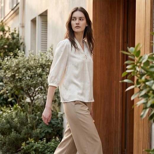 PALUOPO/PL桑蚕丝V领时尚暗纹提花宽松重磅真丝衬衫ES250765Z帕罗 商品图12