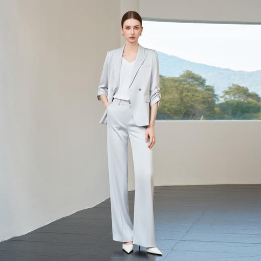 IWY/蓝灰色西装套装女通勤高级感显瘦微喇裤ootd穿搭套装职场休闲优雅 6CP05 商品图1