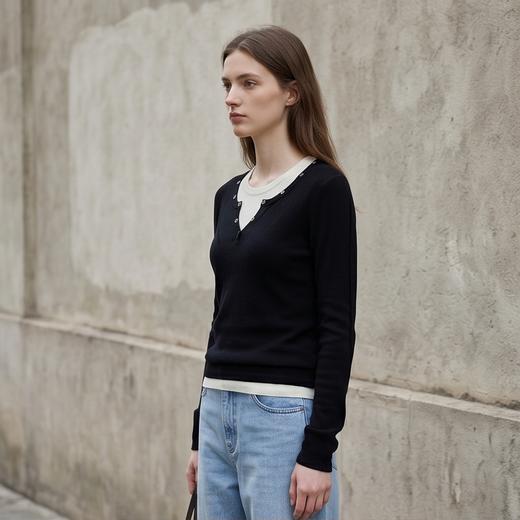 PALUOPO/PL假两件设计春秋圆领拼色修身羊毛衫通勤百搭针织衫ES2F0319Y 商品图2