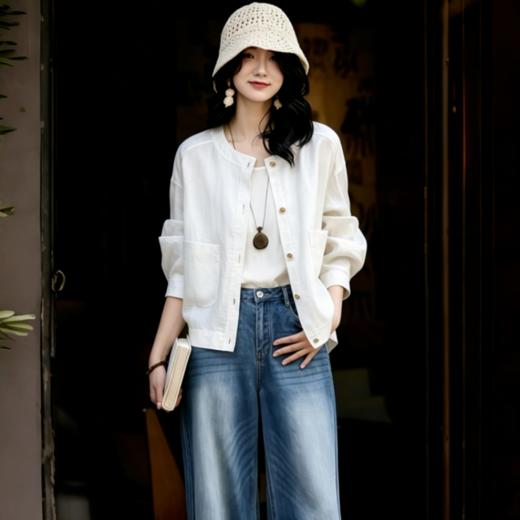 下单3-5天发货！LONGNVFAIR 天丝醋酸圆领紫色短外套/ 亚麻天丝大口袋白色短外套 自带“空调纤维”属性 轻盈透气吸湿速干 宽松落肩剪裁 遮肉显瘦 包容各种身材 商品图14