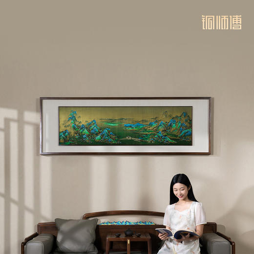 铜师傅 手工錾刻 铜雕画《千里江山（悬浮框）》玄关中式装饰挂画 商品图4