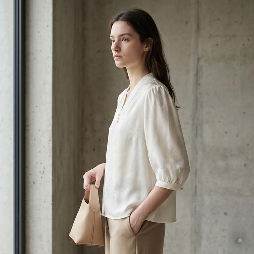 PALUOPO/PL桑蚕丝V领时尚暗纹提花宽松重磅真丝衬衫ES250765Z帕罗 商品图9