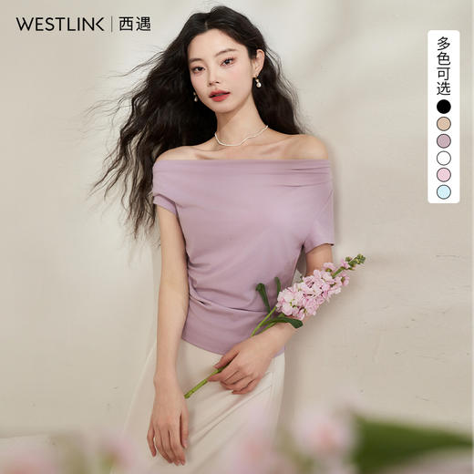西遇一字肩短袖上衣女夏季新款大领口设计感显瘦短款正肩t恤V0050562/V0050554 商品图0