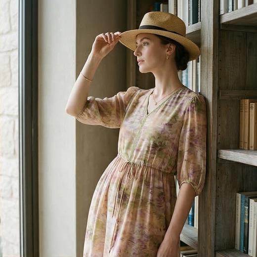 PALUOPO/PL桑蚕丝V领高级感印花优雅减龄真丝连衣裙ES250981Z 商品图2