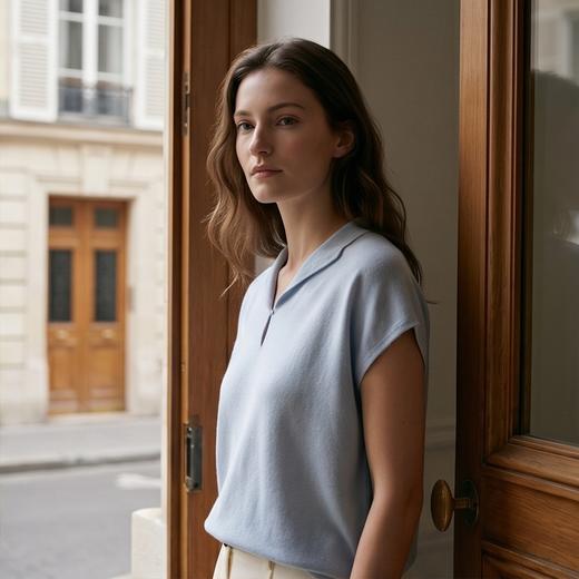 PALUOPO/PL翻领宽松显瘦舒适透气含羊毛针织T恤ES250663M 商品图8