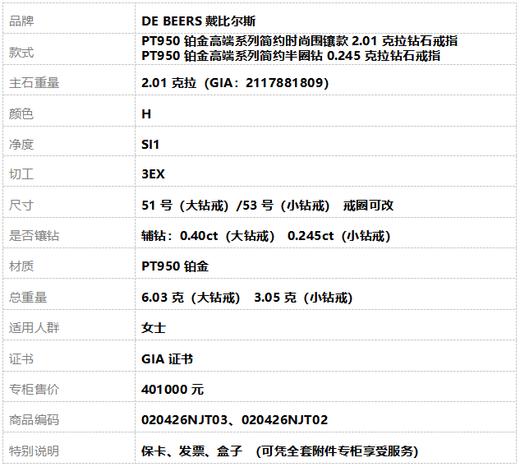 DE BEERS戴比尔斯PT950铂金高端系列简约时尚围镶款2.01克拉钻石套戒51号（大钻戒）/53号（小钻戒）020426NJT03、020426NJT02 商品图9