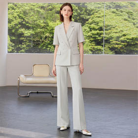 IWY/羽灰色新款女夏西装套裤灰绿色职场面试休闲通勤长裤穿搭短袖26CP973