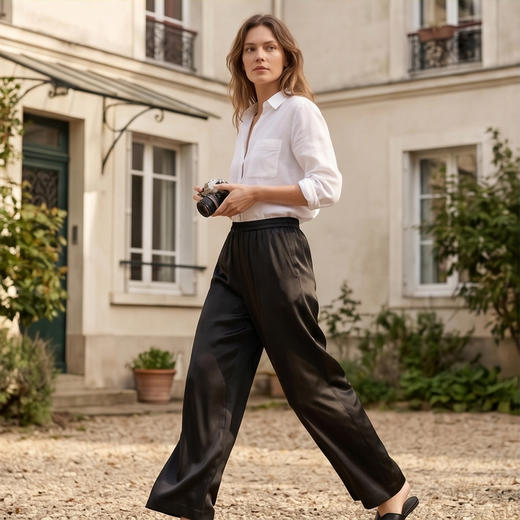 百搭神器』桑罗SANGLUO睡裤桑蚕丝中低腰黑色阔腿裤女外穿休闲裤03B23624 商品图3