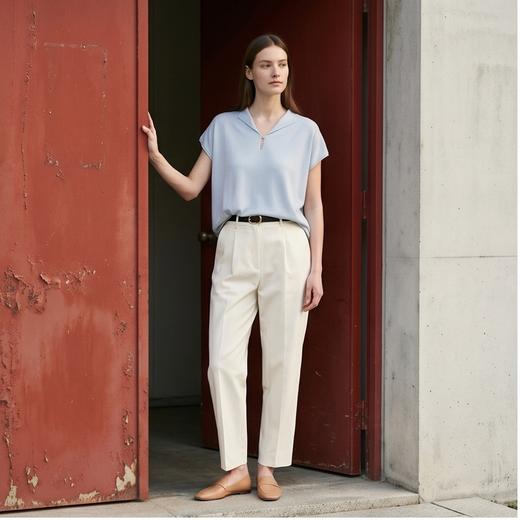 PALUOPO/PL翻领宽松显瘦舒适透气含羊毛针织T恤ES250663M 商品图1