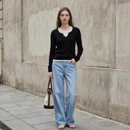 PALUOPO/PL假两件设计春秋圆领拼色修身羊毛衫通勤百搭针织衫ES2F0319Y 商品图1