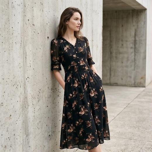 PALUOPO/PLV领五分袖碎花通勤中长款真丝连衣裙ES21797Z-B 商品图1