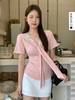 西遇假两件蕾丝拼接短袖T恤女2026年夏季新款v领正肩修身短款上衣SS060365 商品缩略图0
