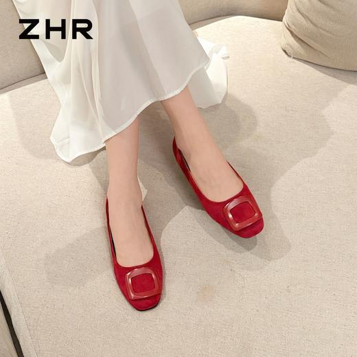 ZHR则则红色绒面浅口单鞋2026新款简约纯色透气舒适平底百搭女鞋 商品图0