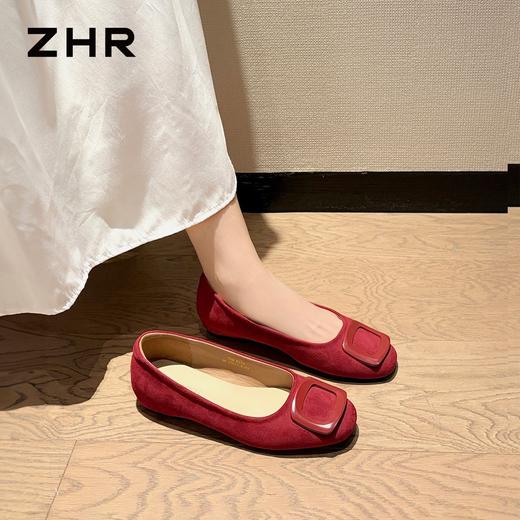 ZHR则则红色绒面浅口单鞋2026新款简约纯色透气舒适平底百搭女鞋 商品图2