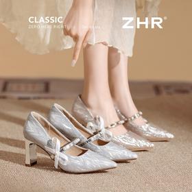 ZHR法式蝴蝶结珍珠尖头高跟鞋女鞋2026新款百搭宴会新娘伴娘鞋女