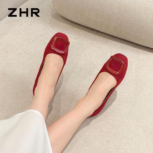 ZHR则则红色绒面浅口单鞋2026新款简约纯色透气舒适平底百搭女鞋 商品图1