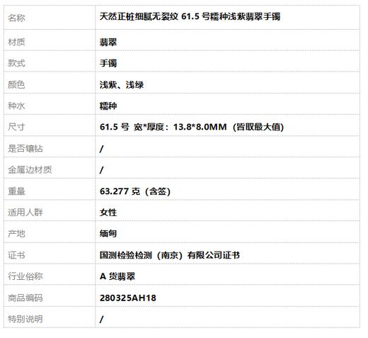 【天然正品】A货翡翠天然正桩细腻无裂纹61.5号糯种浅紫翡翠手镯280325AH18 商品图7