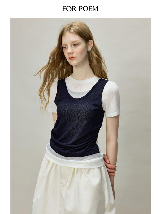 ForPoem 现货 26/SS原创设计假两件撞色收腰T恤休闲百搭 商品图1