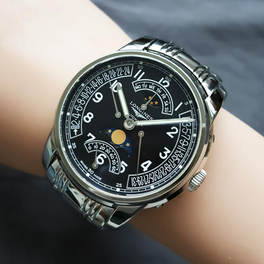 【95新】LONGINES 浪琴L2.764.4.53.6自动机械机芯日期、星期、月相显示、昼夜显示、双时区44MM（男款）索伊米亚系列精钢120426TJ07 商品图7