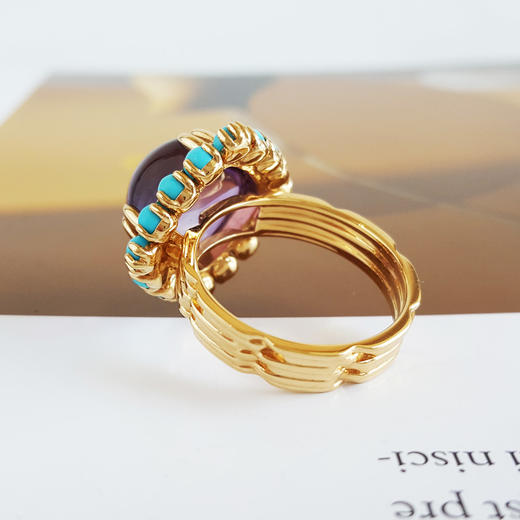 【天然正品】AU750精品黄金镶天然全净体紫水晶配原矿绿松石设计款戒指18号（戒圈可改）160426NJM86 商品图5