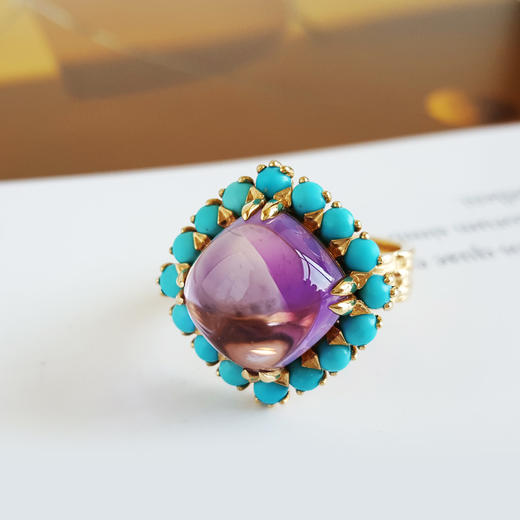 【天然正品】AU750精品黄金镶天然全净体紫水晶配原矿绿松石设计款戒指18号（戒圈可改）160426NJM86 商品图2