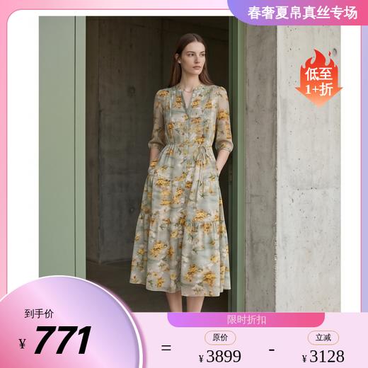 PALUOPO/PL桑蚕丝V领收腰显瘦真丝碎花连衣裙ES250835Z 商品图0