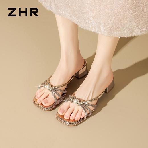 ZHR则则法式水钻方头粗跟一字拖鞋外穿2026夏季新款百搭女鞋高跟 商品图8