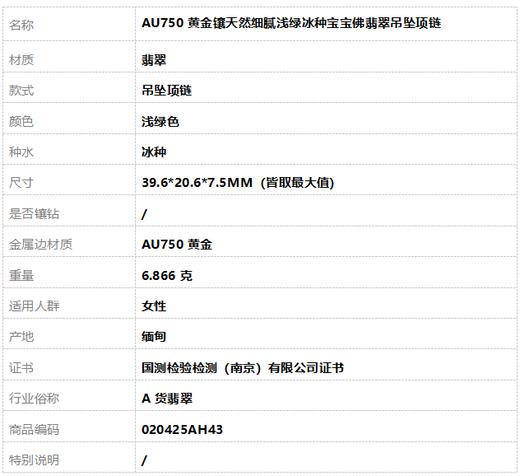 【天然正品】A货翡翠 AU750黄金镶天然细腻浅绿冰种宝宝佛翡翠吊坠项链 020425AH43 商品图10