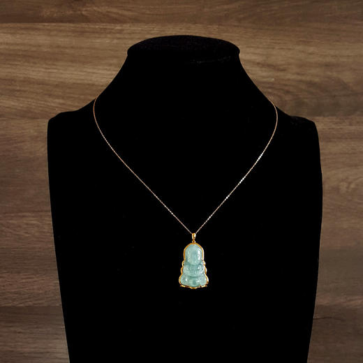【天然正品】A货翡翠 AU750黄金镶天然细腻浅绿冰种宝宝佛翡翠吊坠项链 020425AH43 商品图9