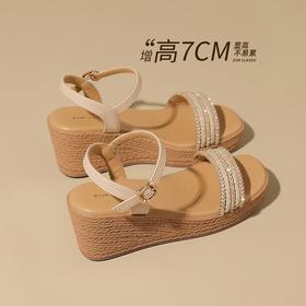 ZHR水钻【7CM】坡跟凉鞋2026新款不累显高优雅超仙超软脚一字凉鞋