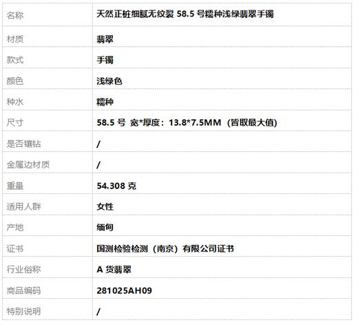 【天然正品】A货翡翠 天然正桩细腻无纹裂58.5号糯种浅绿翡翠手镯 281025AH09 商品图8