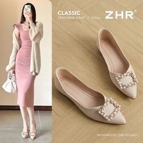 ZHR法式水钻珍珠方扣浅口单鞋女鞋2026新款百搭通勤轻便一脚蹬女