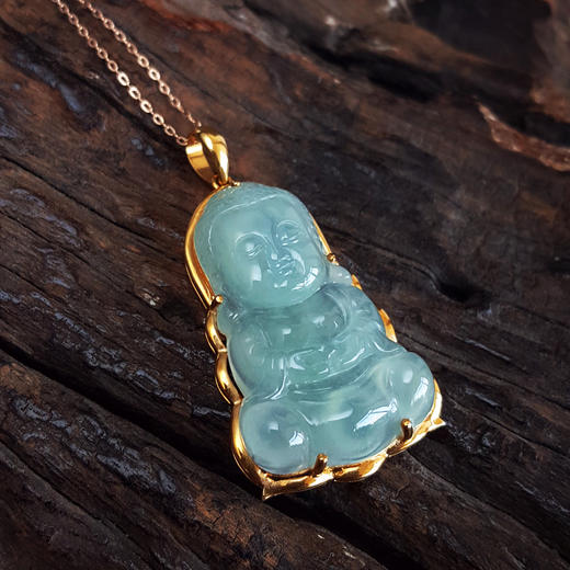 【天然正品】A货翡翠 AU750黄金镶天然细腻浅绿冰种宝宝佛翡翠吊坠项链 020425AH43 商品图3
