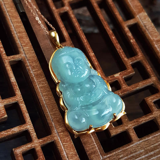 【天然正品】A货翡翠 AU750黄金镶天然细腻浅绿冰种宝宝佛翡翠吊坠项链 020425AH43 商品图7
