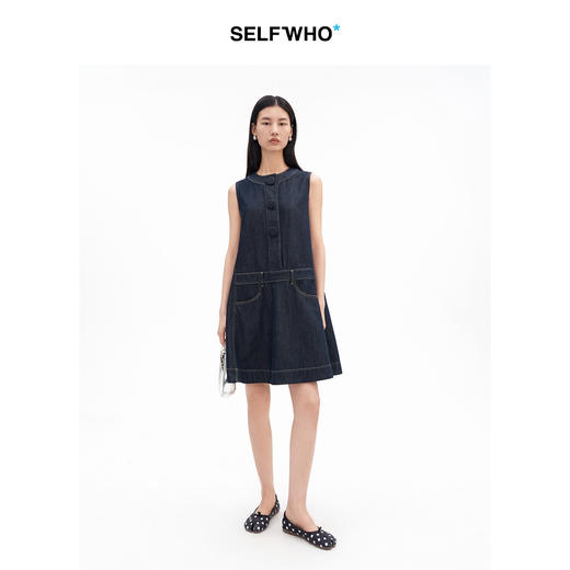 SELFWHO棉混纺复古原牛风无袖圆领连衣裙女2026夏季新款A字背心裙 商品图1