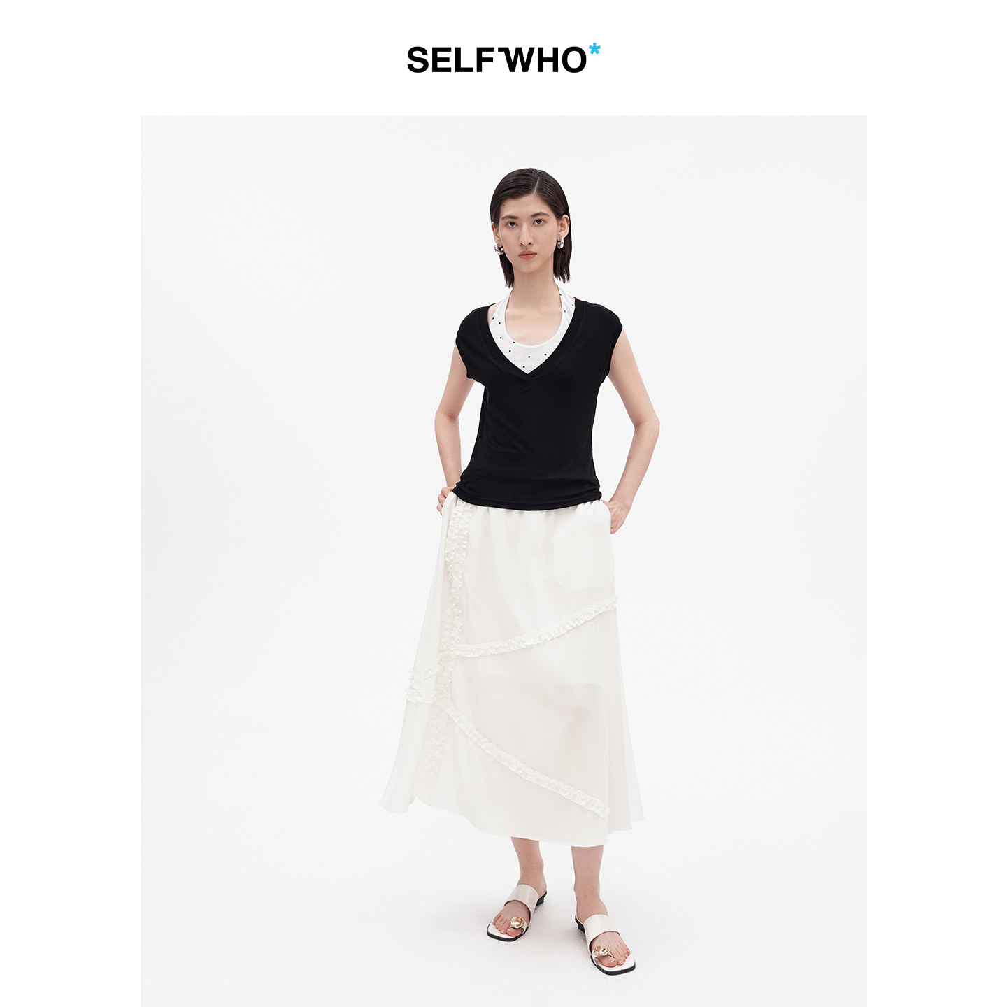 SELFWHO天丝混纺真两件波点挂脖背心女2026夏新款V领叠穿无袖上衣