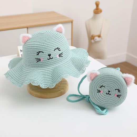 【软萌猫咪❗透气不闷汗】儿童夏季草帽女童可爱波浪边猫耳朵草帽笑脸猫咪帽子配套包包 商品图2