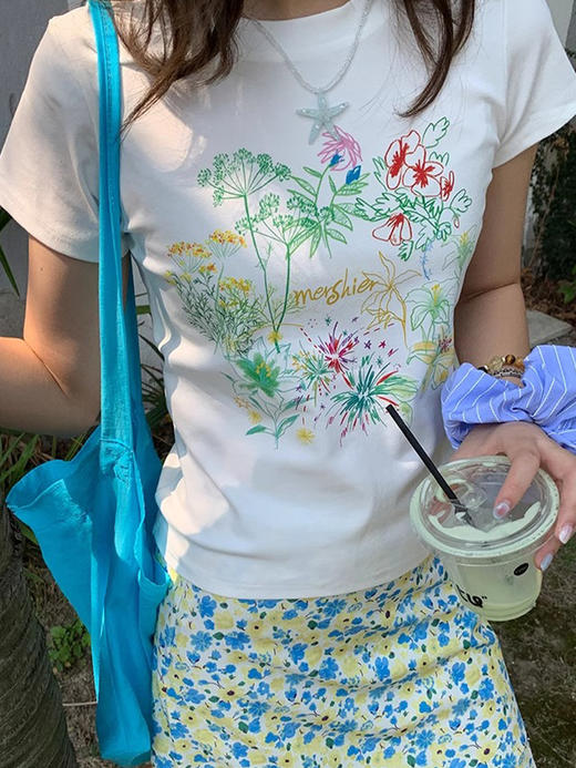 西遇2026夏新款圆领短袖T恤女清新植物花卉印花宽松休闲百搭上衣E0060270 商品图4