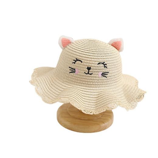 【软萌猫咪❗透气不闷汗】儿童夏季草帽女童可爱波浪边猫耳朵草帽笑脸猫咪帽子配套包包 商品图4