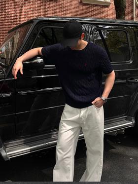 拉夫劳伦26新款纯色小马刺绣绞花刺绣针织圆领短袖针织衫
