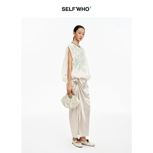 SELFWHO醋酸重工冰裂纹新中式半身裙女2026夏新款压褶装饰直筒裙 商品图1