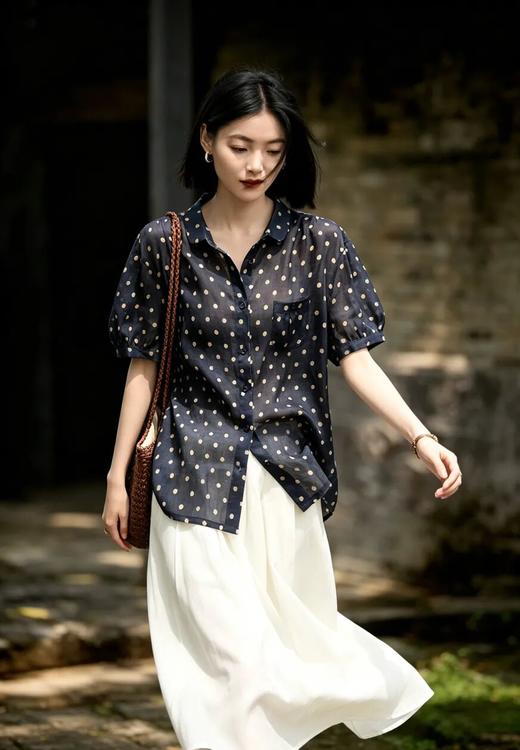 梅茵凯琳·苎麻桑蚕丝波点衬衫 ，优雅老钱风，复古时髦，东方奢华面料凉爽【7-10天发货】 商品图3