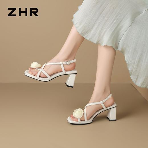 ZHR则则法式花朵方头粗跟高跟鞋女2026夏季新款百搭凉鞋洋气女鞋 商品图2