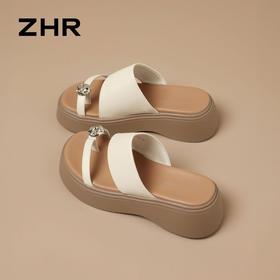ZHR厚底增高水钻一字拖鞋女外2026夏季新款时尚平底法式沙滩拖鞋