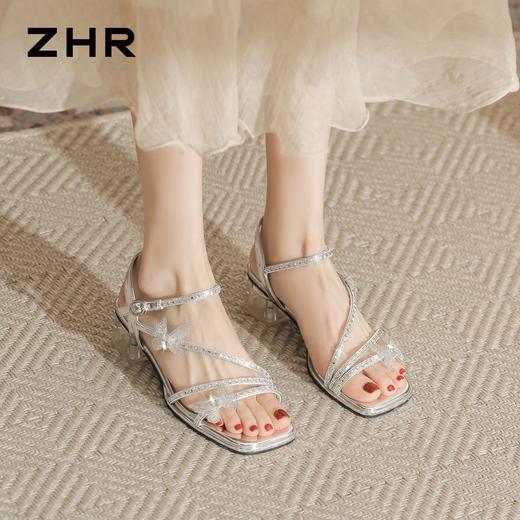 ZHR水钻蝴蝶结粗跟高跟鞋女2026夏季新款法式方头一字带气质凉鞋 商品图8